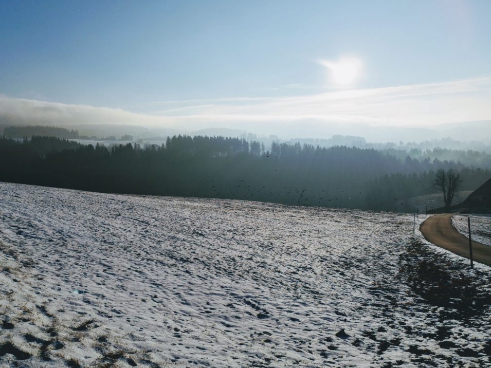 Blick über leicht verschneite Hügel des Schwarzwalds